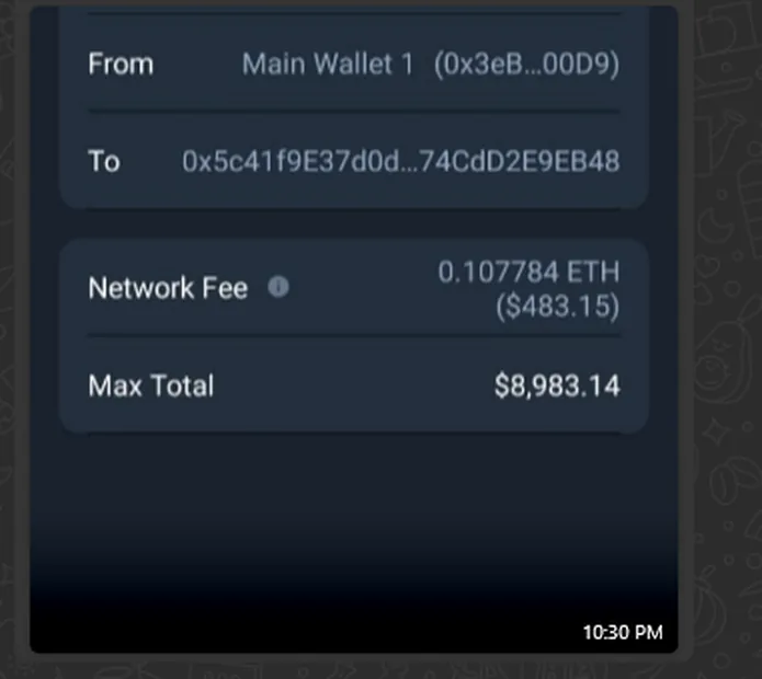 wallet transfer confirmation, max total $8,983.14